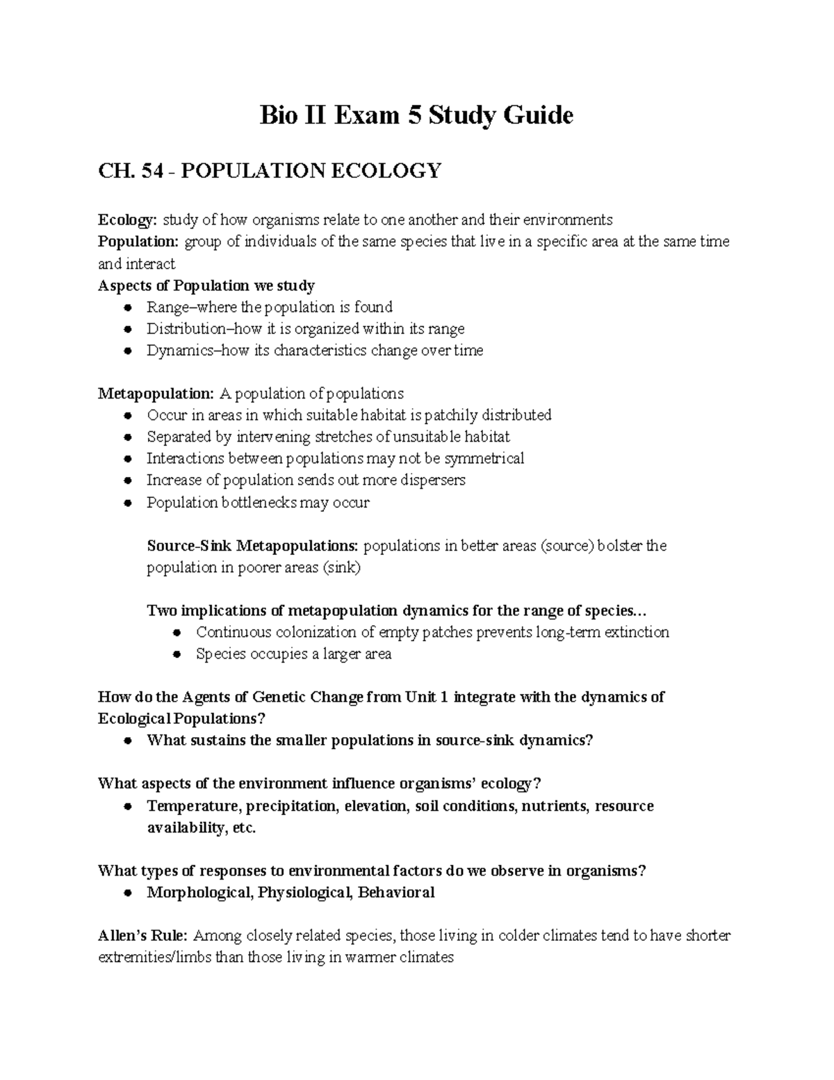 Bio II Exam 5 Study Guide: Population and Community Ecology Concepts ...