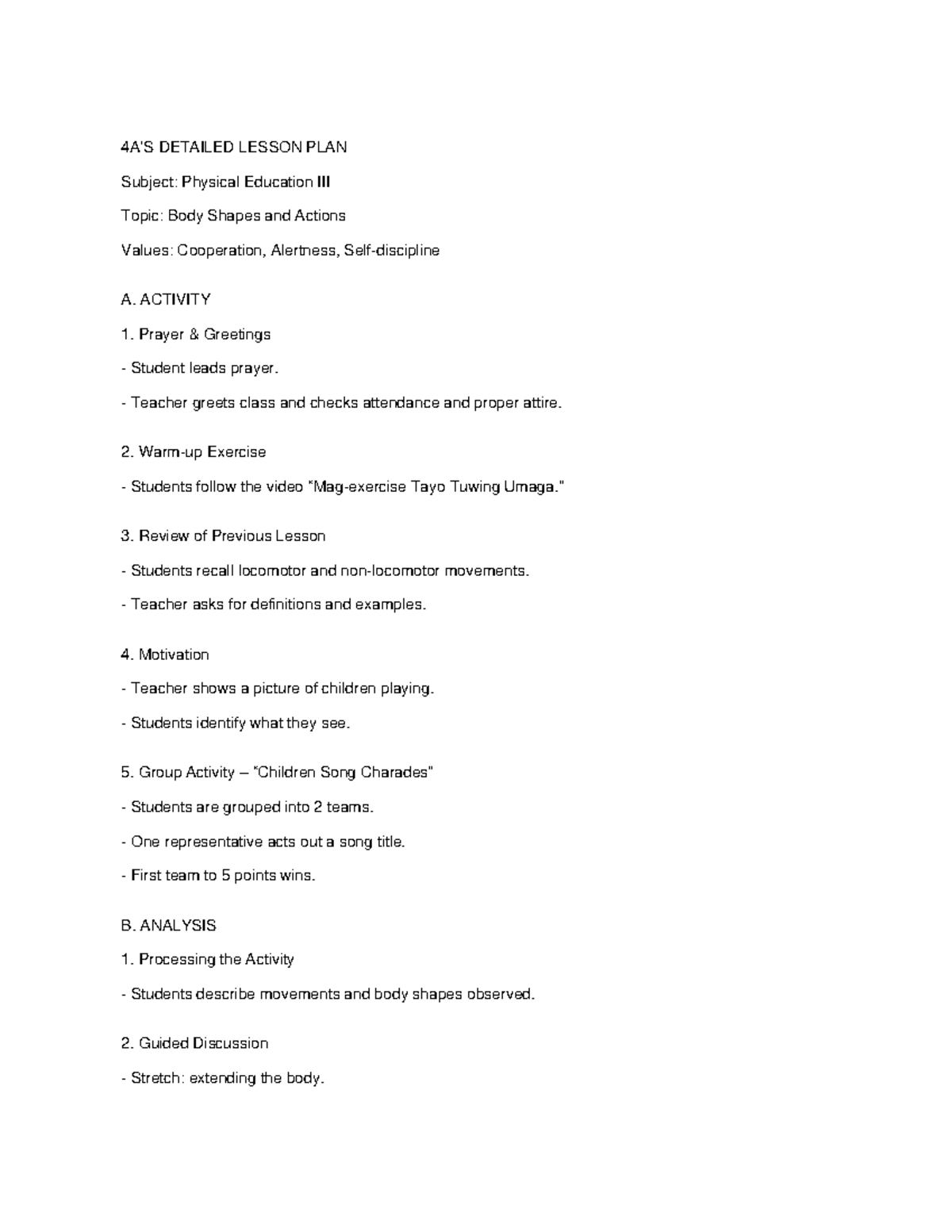 4As Lesson Plan: Body Shapes & Actions in PE - Studocu
