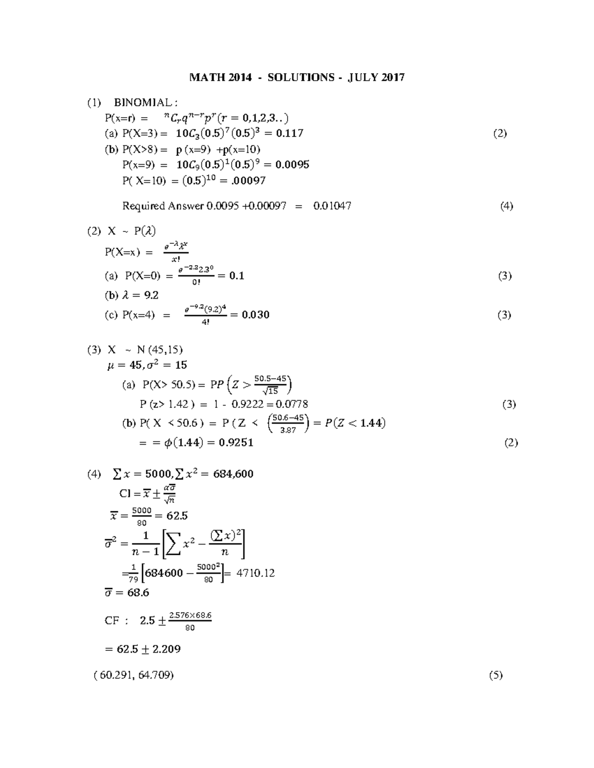 MATH 2014 Final Exam Solutions - July 2017 (Statistics & Probability ...