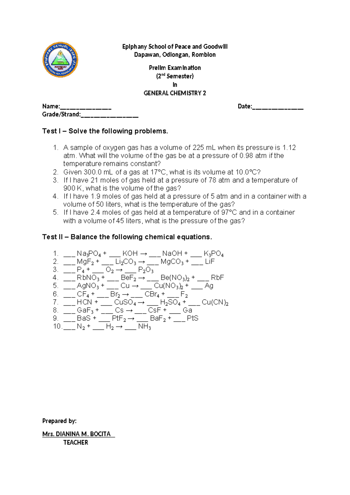 General Chemistry 2 - Prelim Exam Guide (2nd Sem) - Studocu