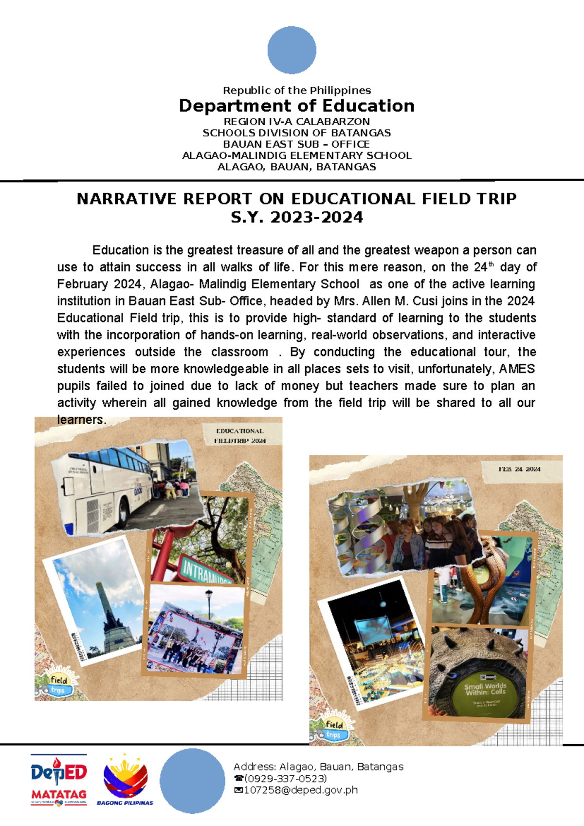 AMES- Narrative Report on Educational Field Trip 2024 - Studocu