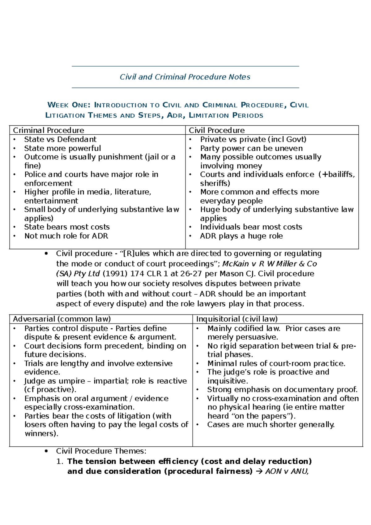Civil and Criminal Procedure Notes (LAW101): Week 1 Overview and Key ...