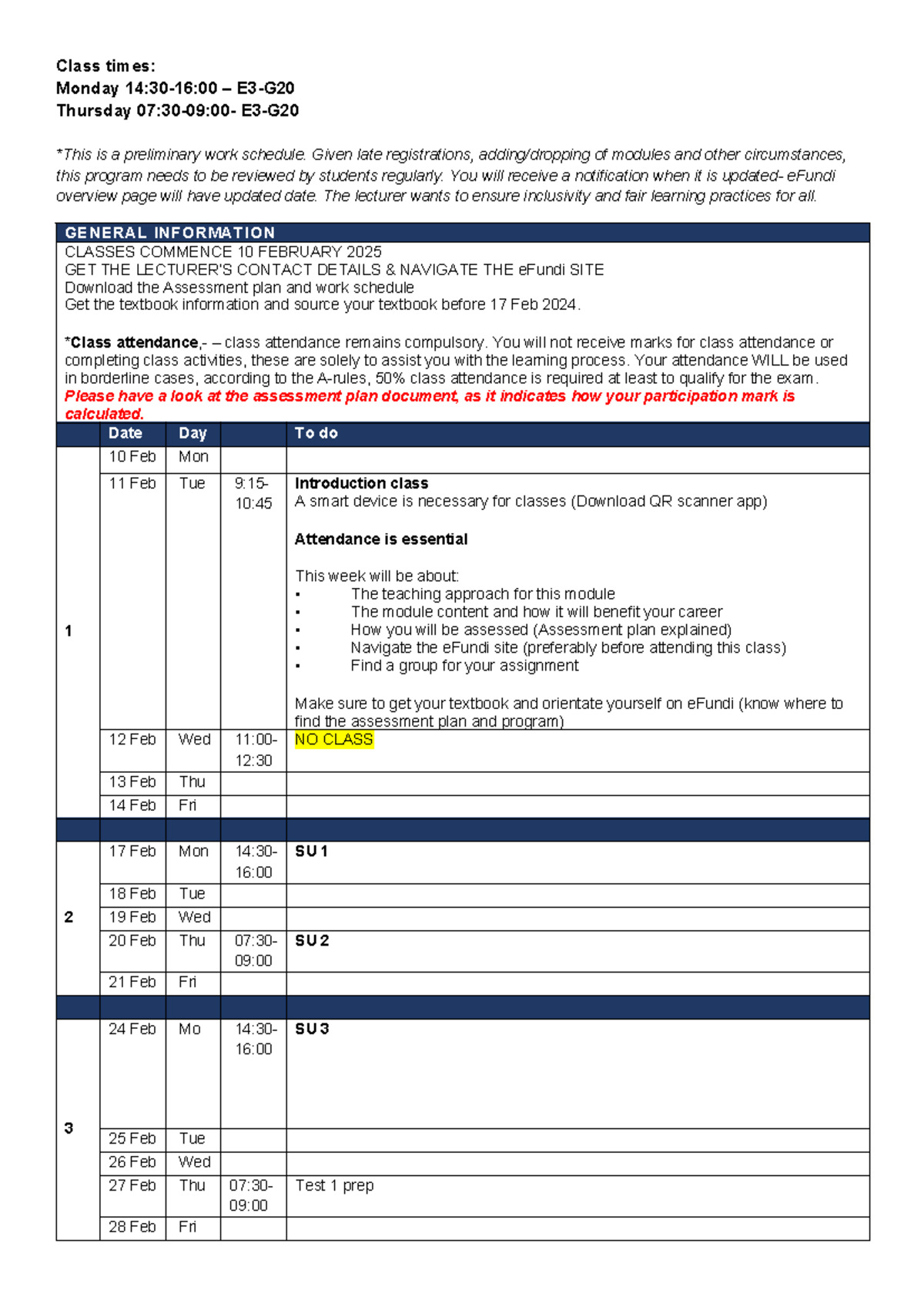 BMAR316 Work Schedule 2025: Class Times and Important Dates - Studocu