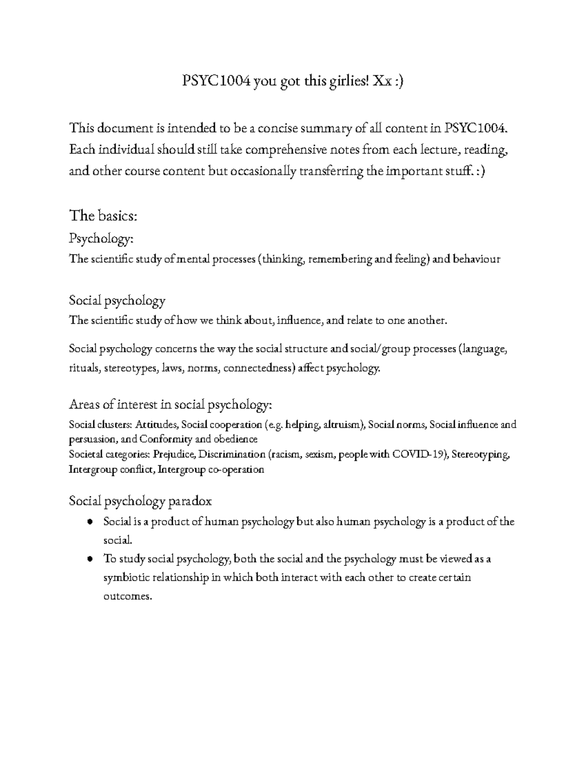 PSYC1004 Comprehensive Summary Notes on Social Psychology Concepts ...