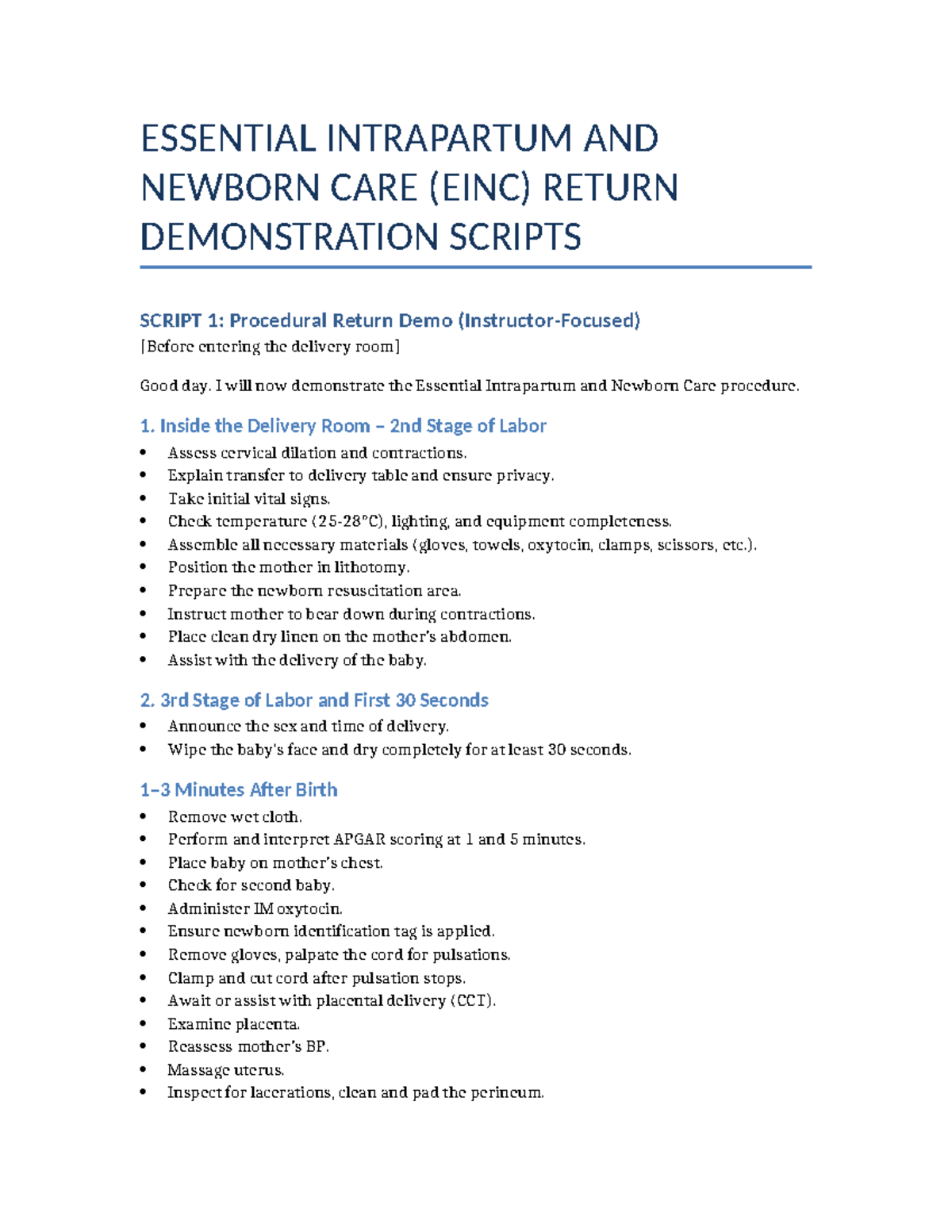 EINC Return Demonstration Scripts: Intrapartum & Newborn Care - Studocu