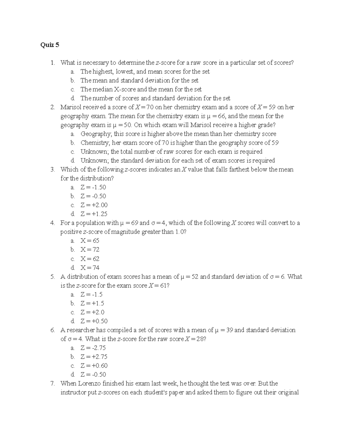 Quiz Review 5-7: Key Concepts and Practice Questions on z-Scores and ...
