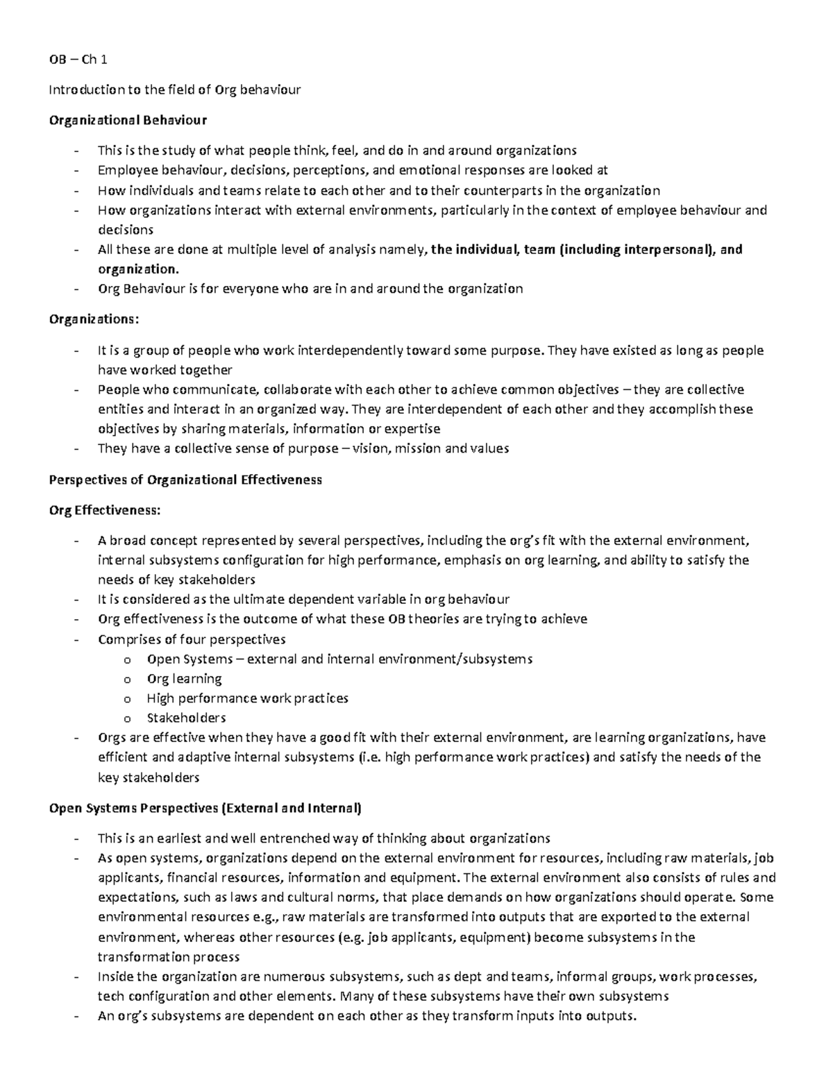Organizational Behaviour (OB) Chapter 1: Key Concepts and Perspectives ...