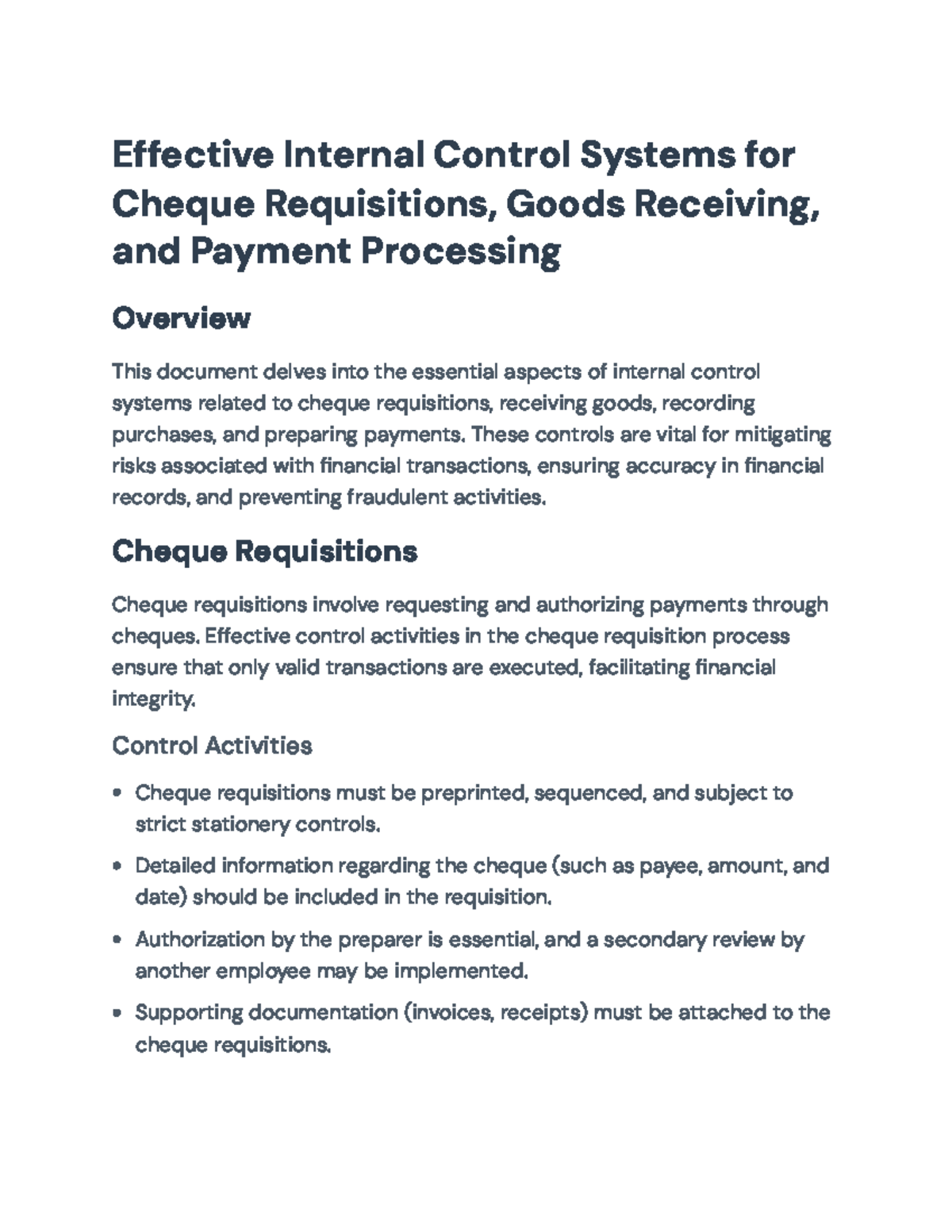 Internal Controls for Cheque Requisitions & Payments Management - Studocu