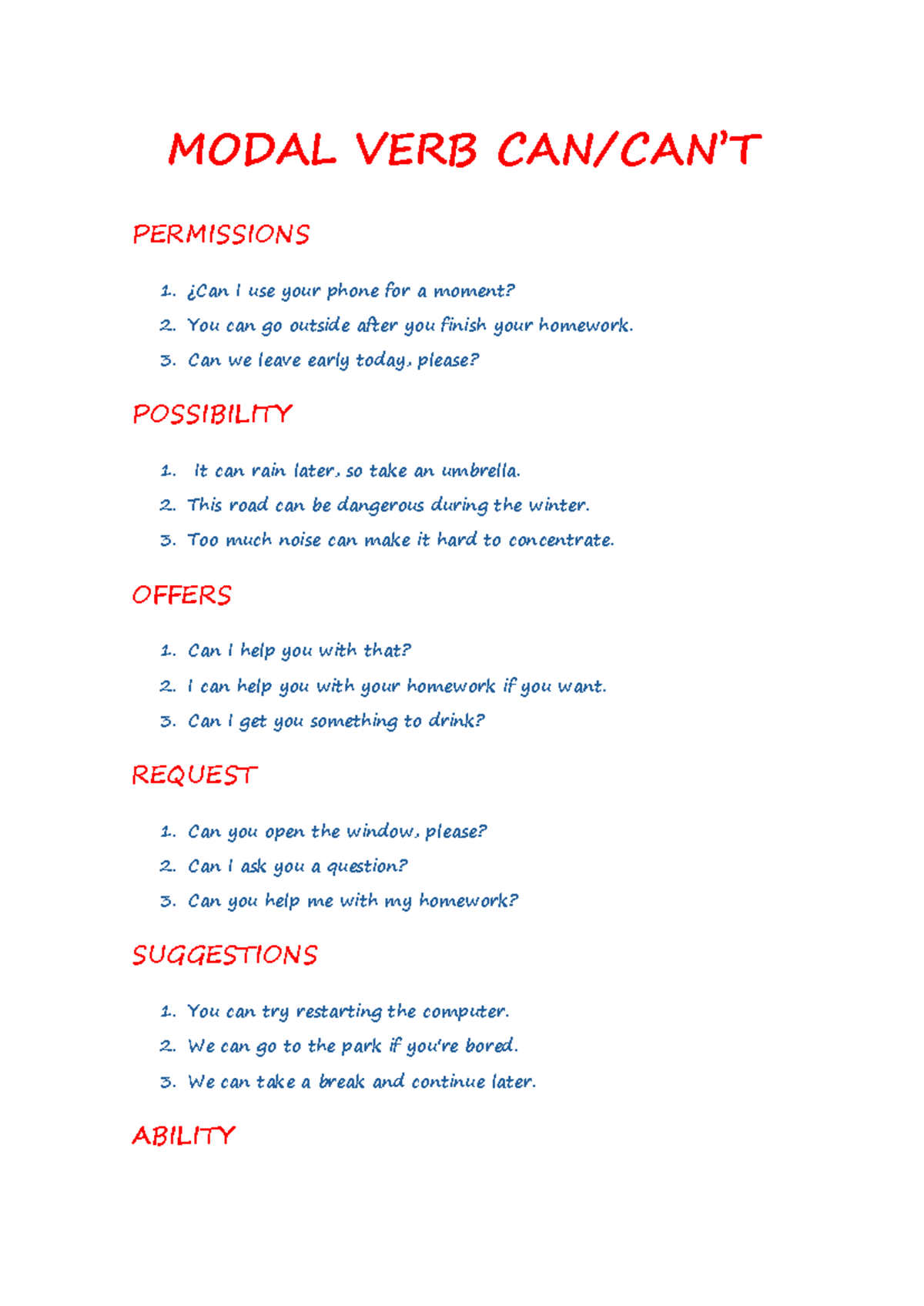 MODAL VERBS: PERMISSIONS, POSSIBILITY, OFFERS, REQUESTS & SUGGESTIONS ...