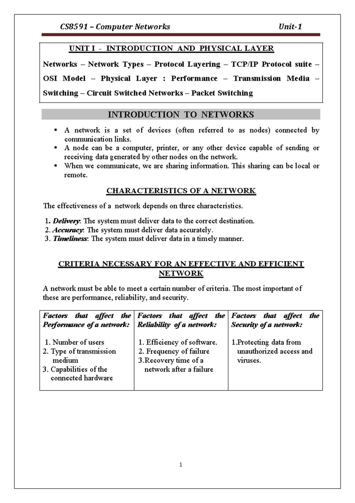 CS8591 - Computer Network Lecture Notes: Units 1-5 Overview - Studocu