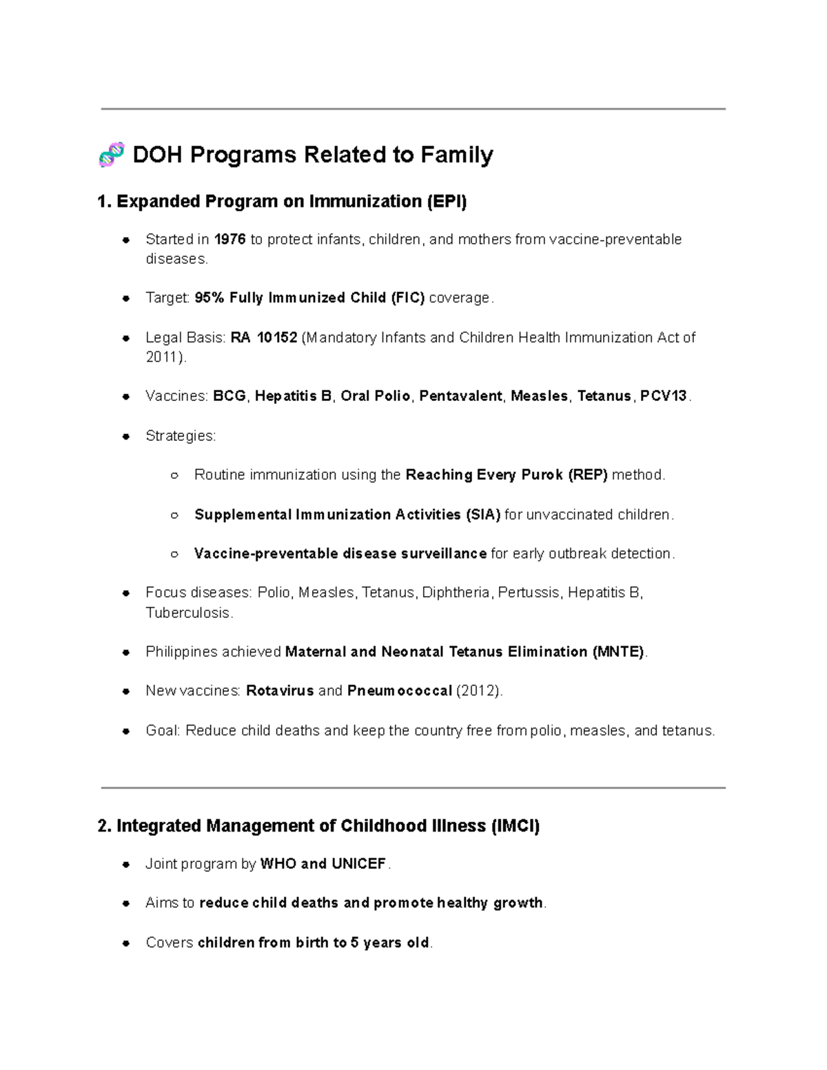CHN DOH - Family Health Programs Overview and Key Initiatives - Studocu