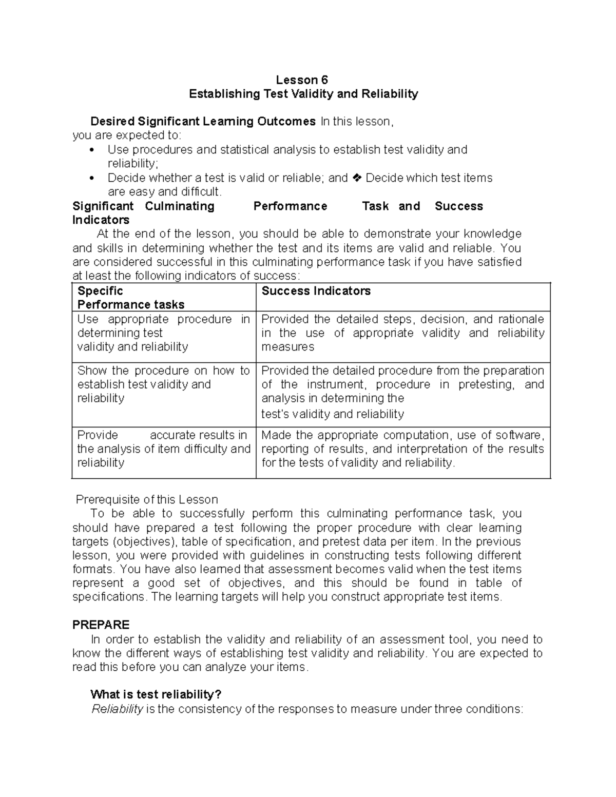 Lesson 6: Test Validity and Reliability in Assessment Methods - Studocu