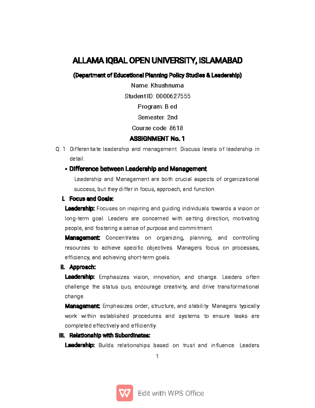 8618 - B.Ed Assignment: Leadership vs. Management & Educational ...