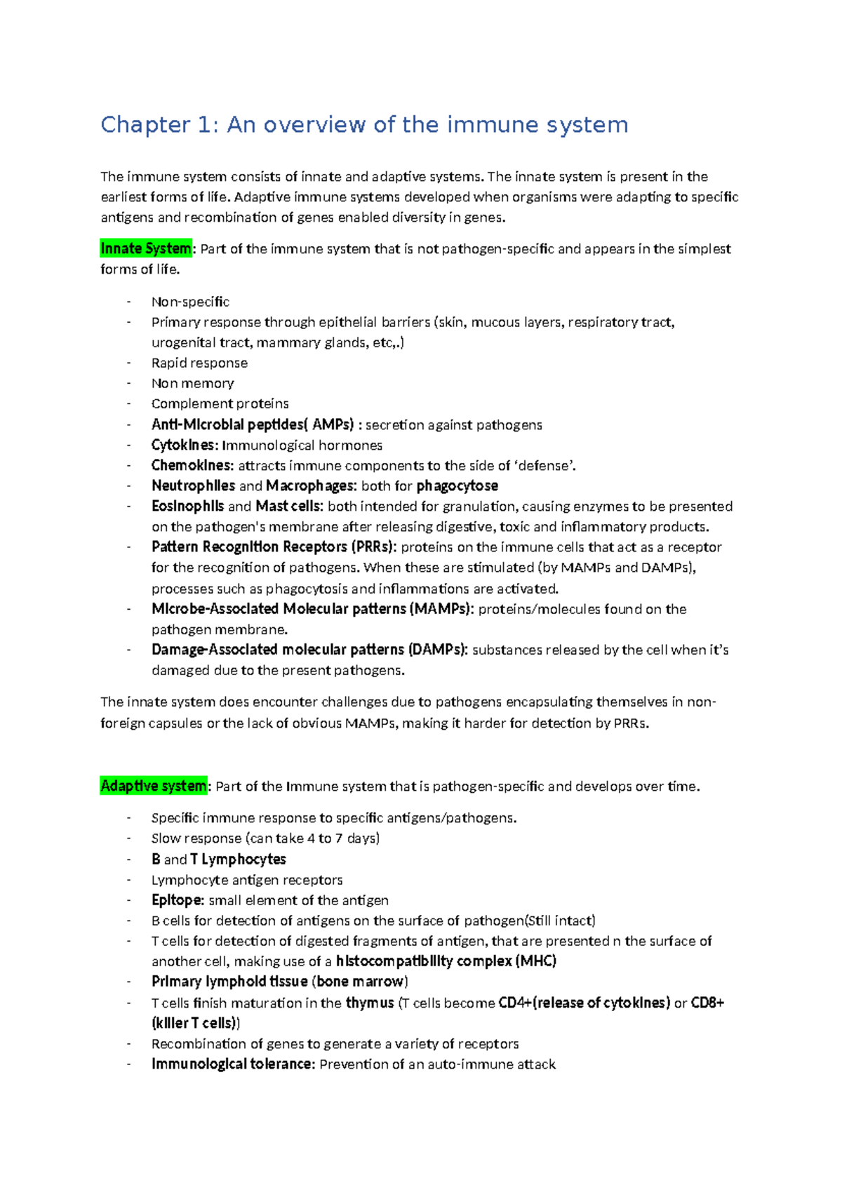 Immunology CH1: Overview of the Innate and Adaptive Immune Systems ...