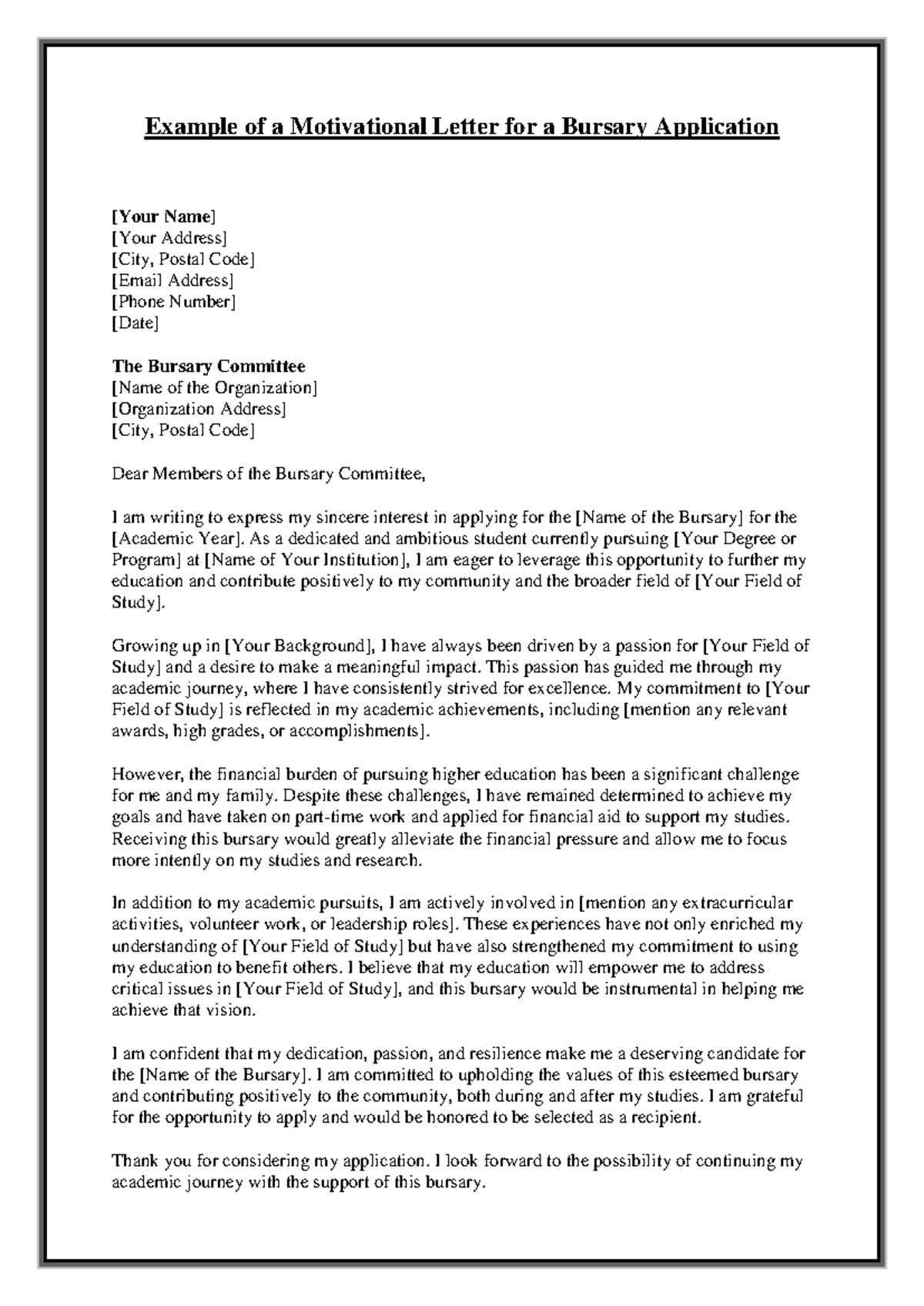 Motivational Letter Example For Bursary Application Studocu