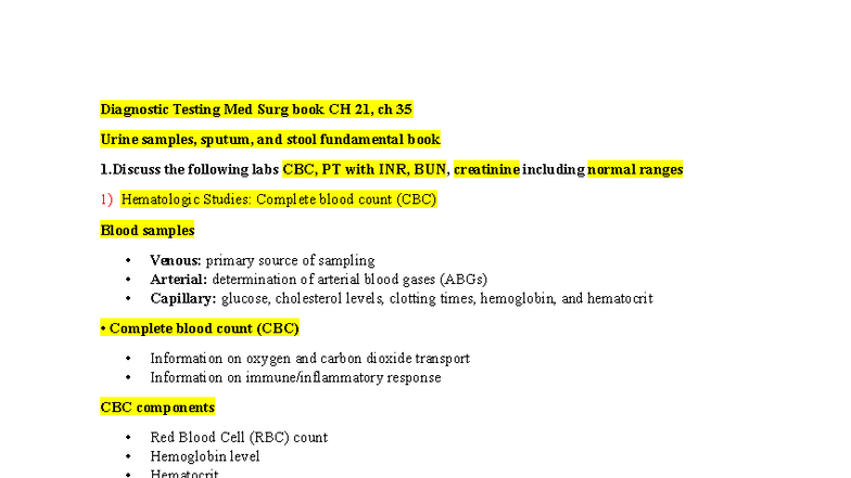 Diagnostic Testing in Med Surg: Labs & Specimen Collection (CH 21, 35 ...