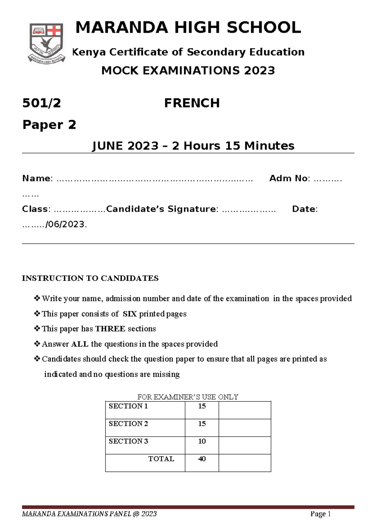 MARANDA HIGH SCHOOL KCSE 2023 FRENCH MOCK EXAM PAPER 2 JUNE - Studocu