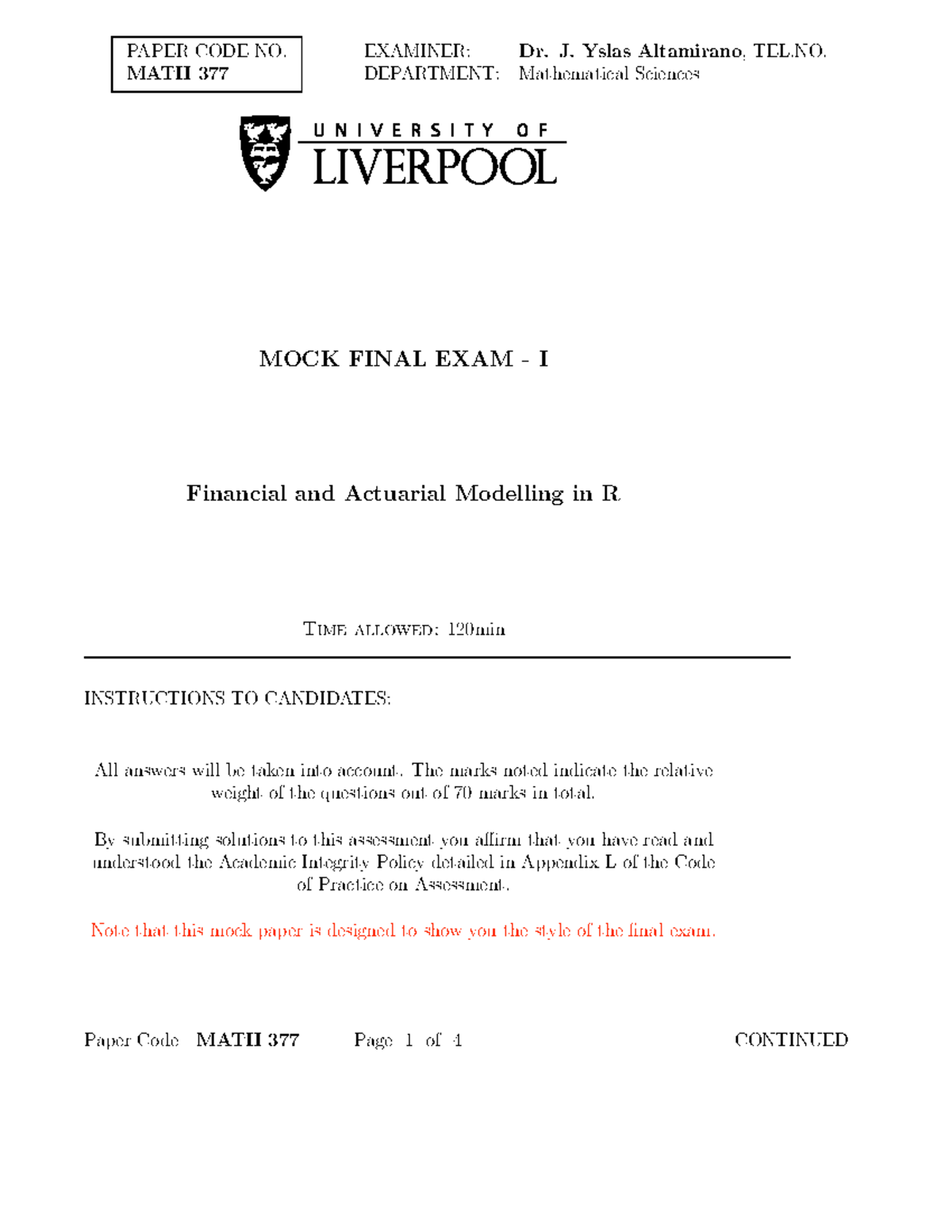 MATH 377 Mock Final Exam I: Financial & Actuarial Modelling in R - Studocu