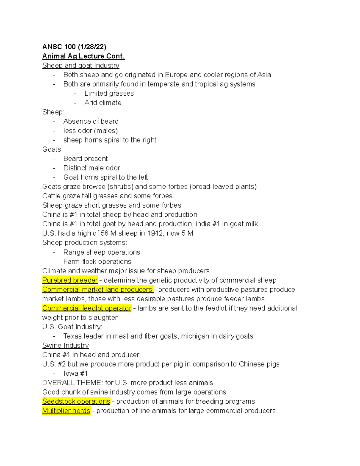 ANSC 100 - Comprehensive Notes on Animal Science and Reproduction - Studocu