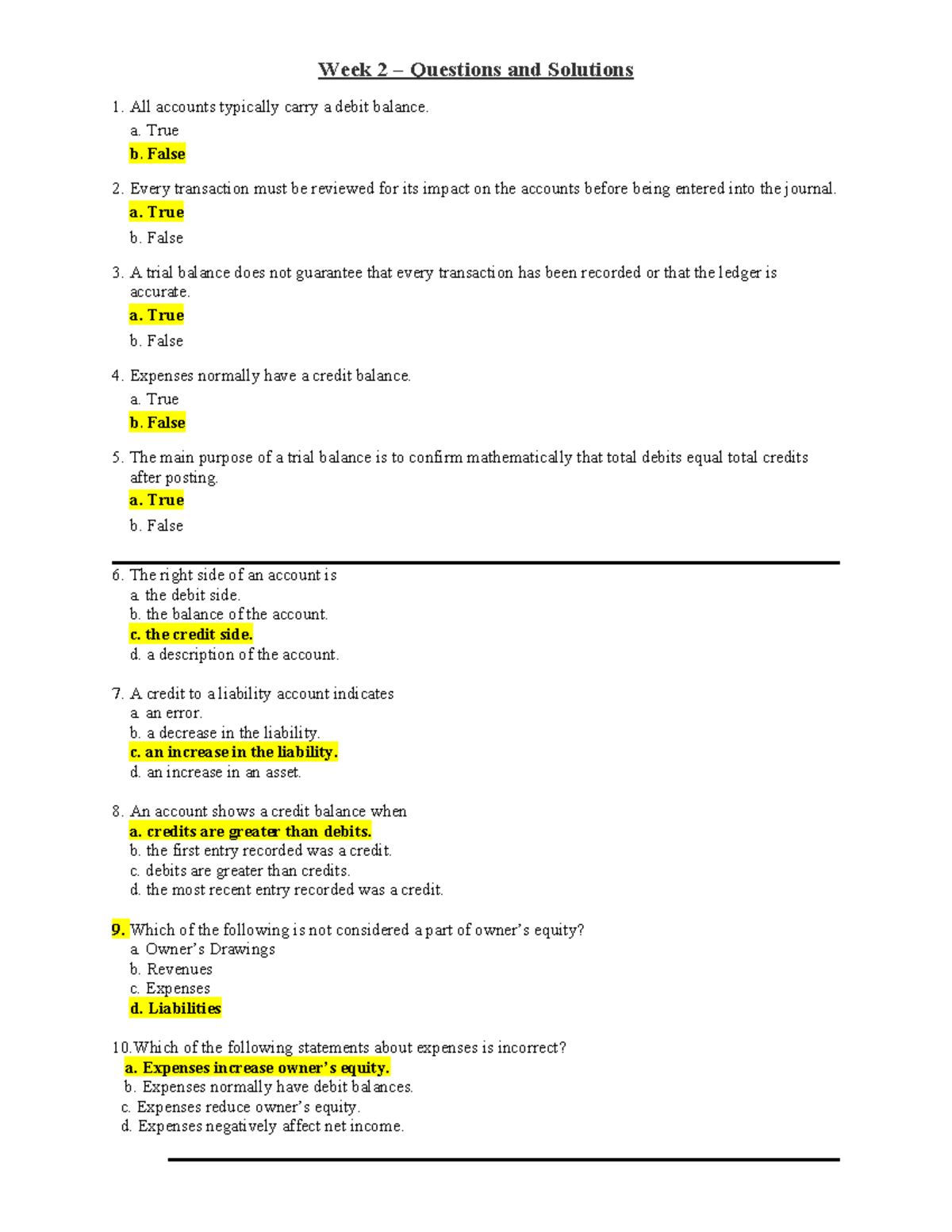 ACC101 Week 2 Questions & Solutions on Trial Balance - Studocu