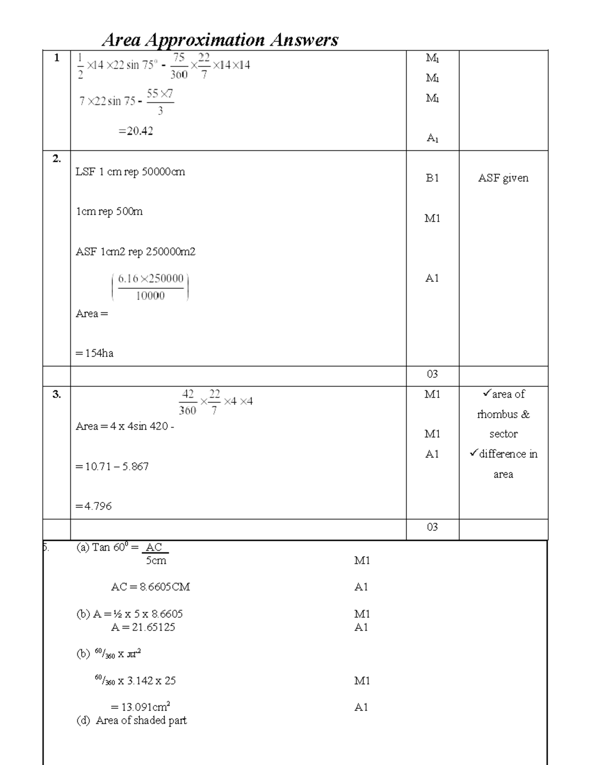 Area Approximation Answers M1 A1 - Detailed Calculations and Results ...