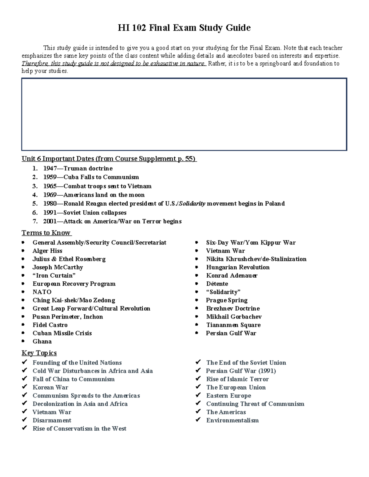 HI 102 Final Exam Study Guide: Key Dates and Major Topics Overview ...