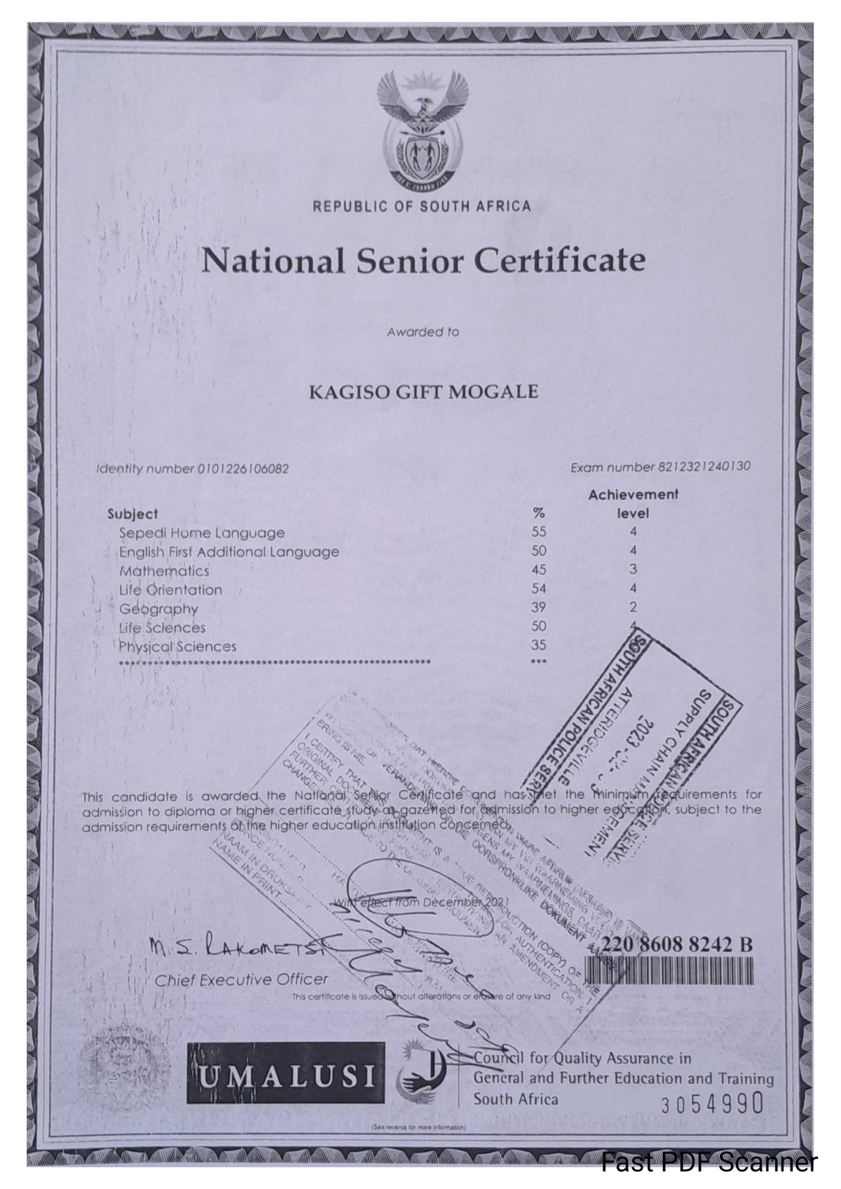 Matric Certificate Scanned - REPUBLIC OF SOUTH AFRICA National Senior ...