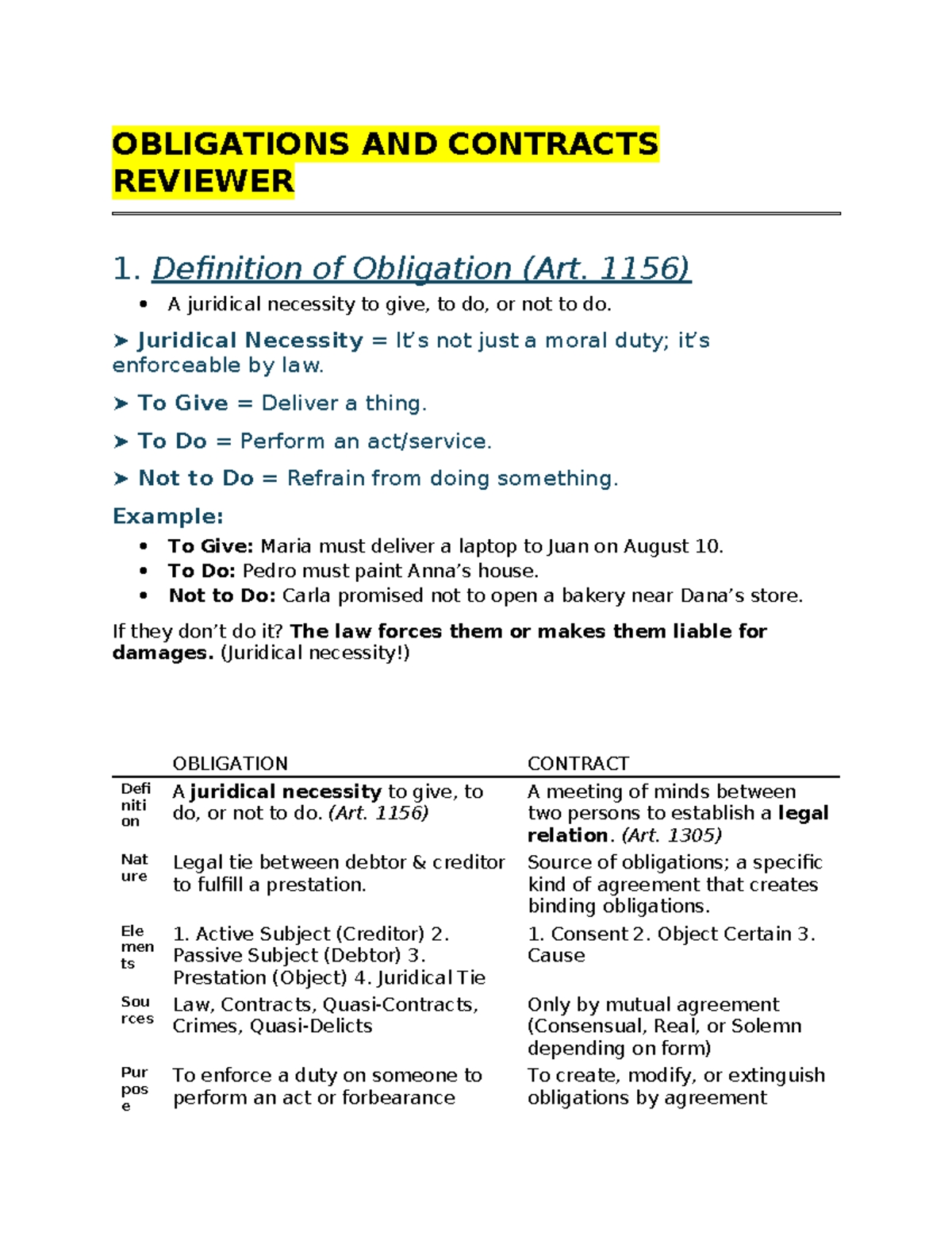 OBLIGATIONS AND CONTRACTS REVIEWER: Key Concepts and Examples - Studocu