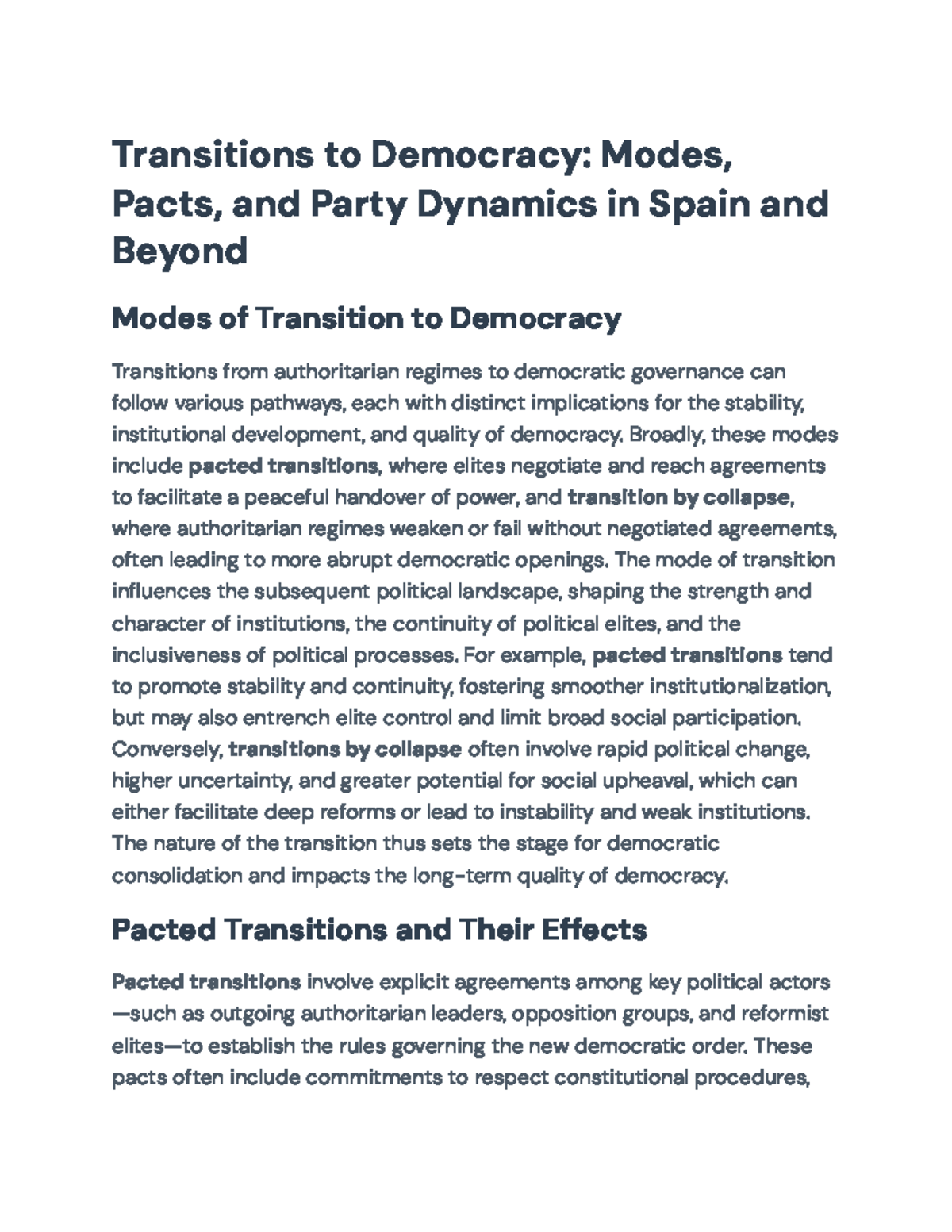 Transitions to Democracy: Pacts and Political Dynamics in Spain - Studocu