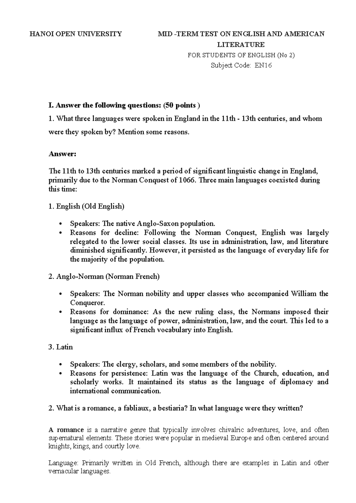 FVC119 - Midterm Test on English & American Literature Overview - Studocu