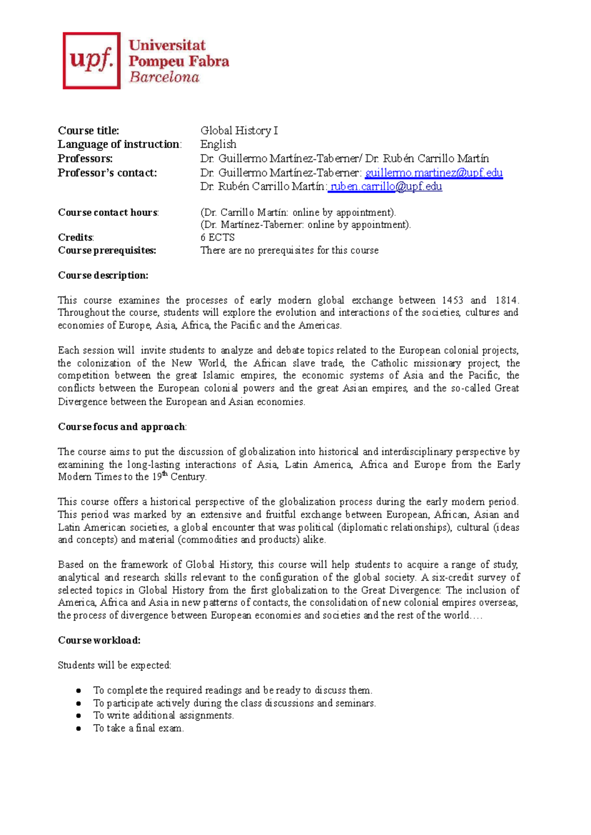 2023-2024 Fall Global History I - Syllabus - Course title: Global ...