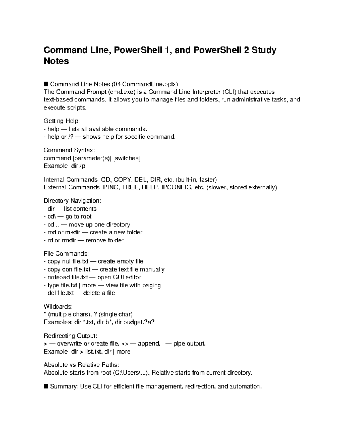 Command Line & PowerShell Study Notes (PowerShell 1 & 2) - Studocu