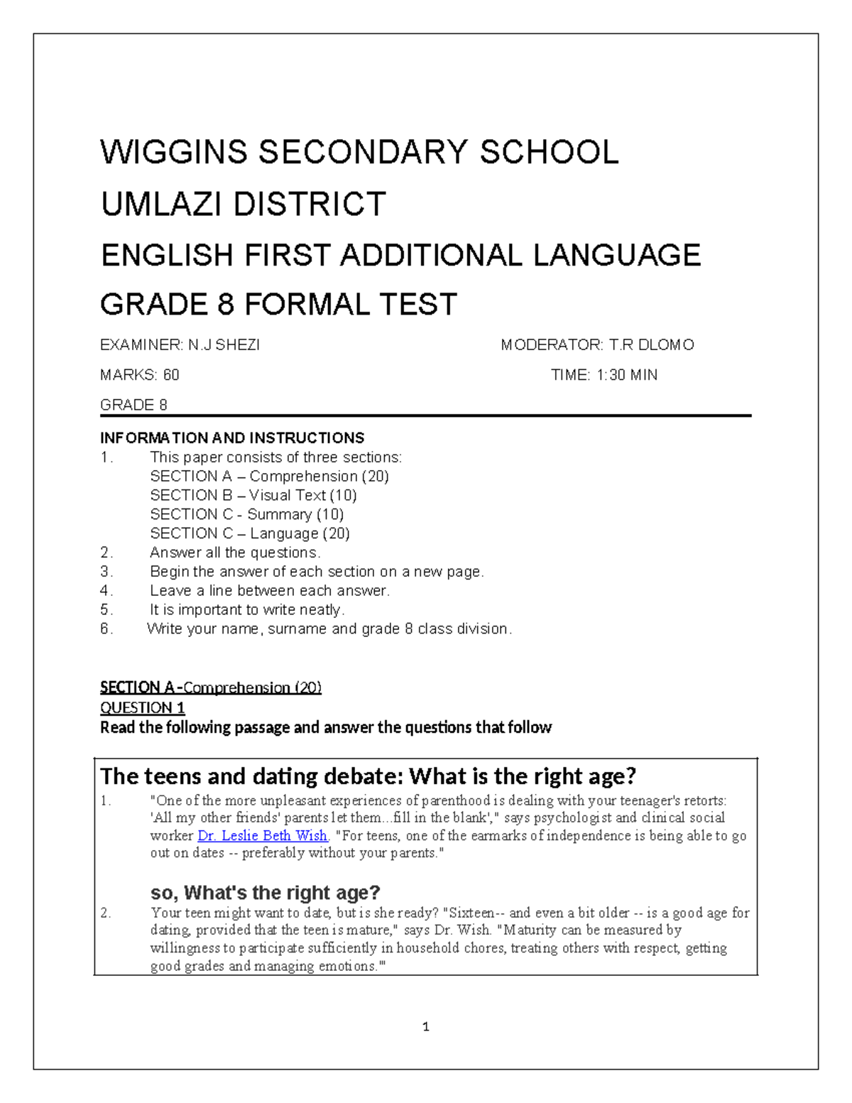 Grade 8 English First Additional Language Formal Test (WIGGINS) - Studocu