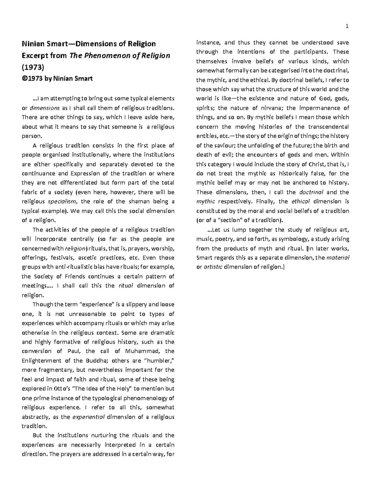 Ninian Smart's 7 Dimensions of Religion - Study Notes - Studocu