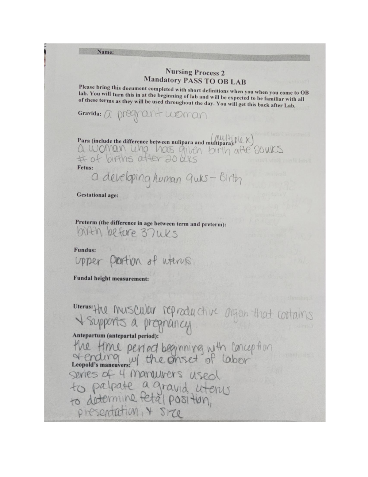 Nursing Process 2: Mandatory OB Lab Definitions Guide - Studocu
