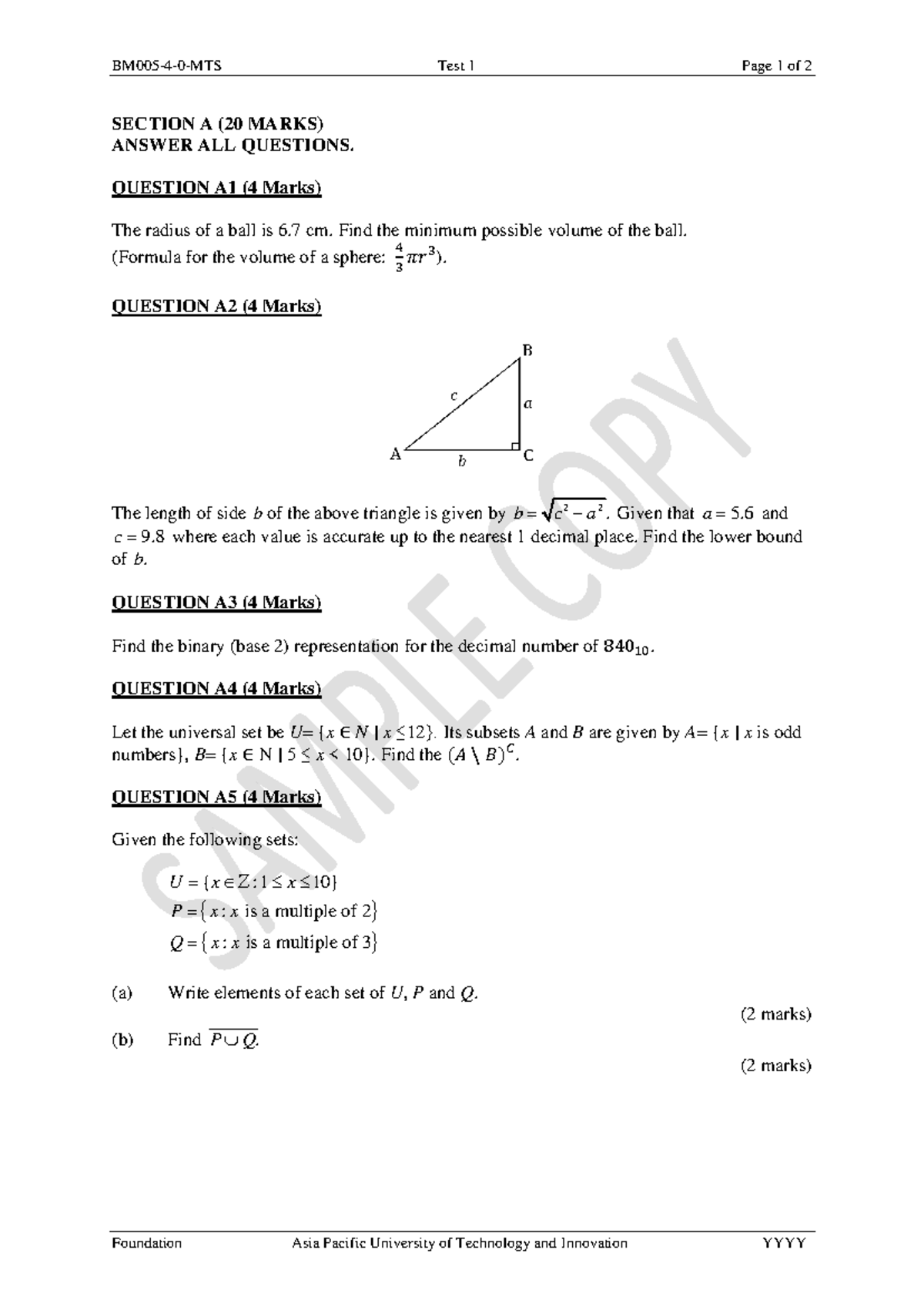 Sample Test 1 (Q) - Math Questions and Solutions - Studocu