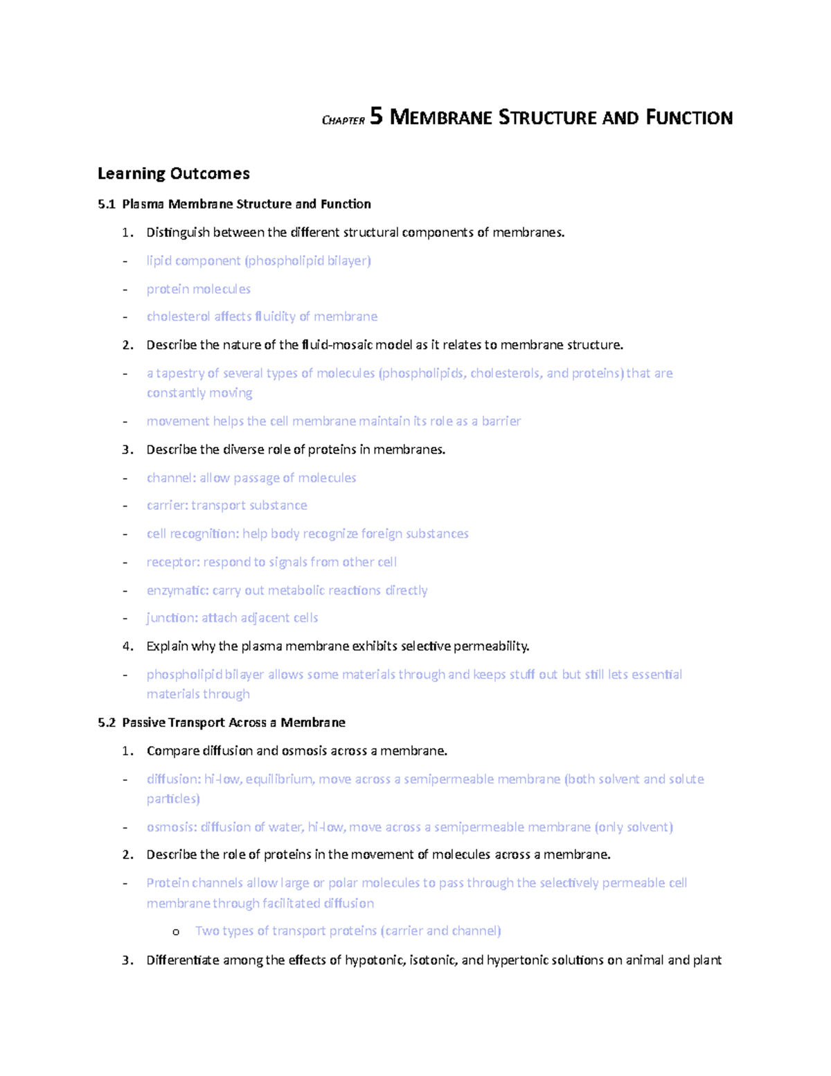 Review Chapter 5 - CHAPTER 5 MEMBRANE STRUCTURE AND FUNCTION Learning ...
