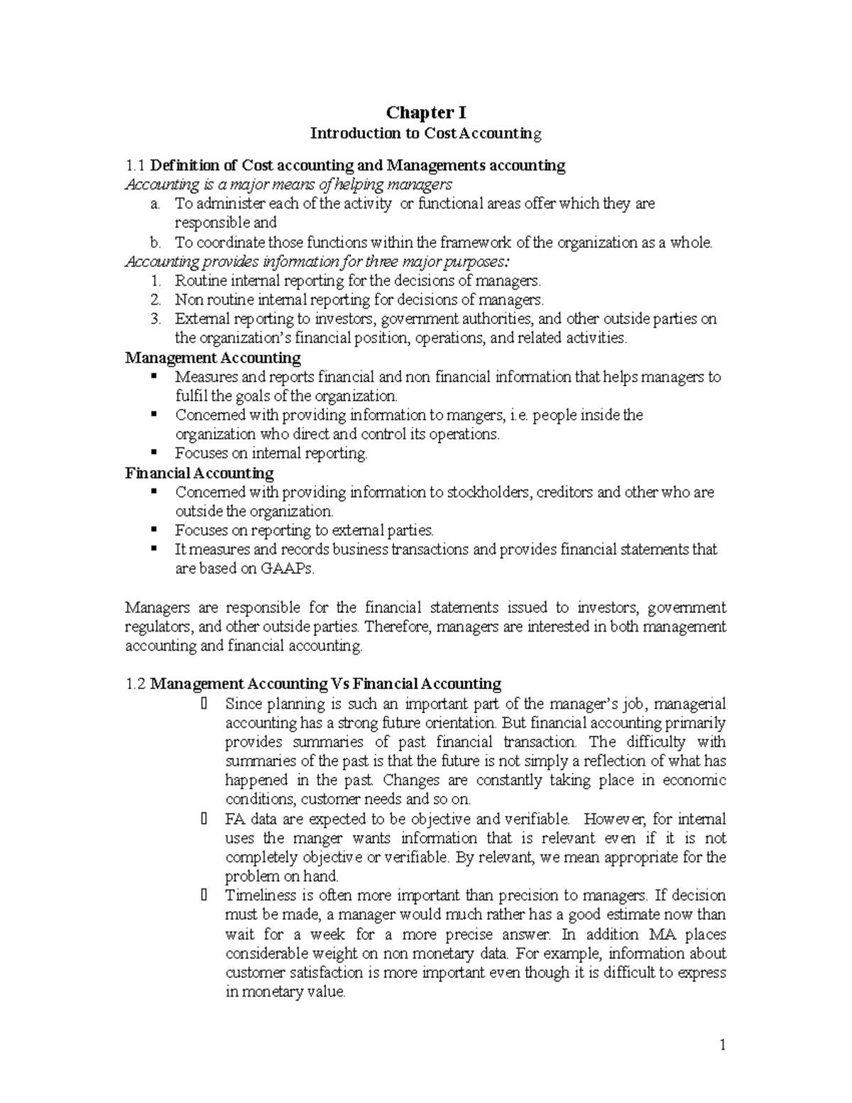 Cost CH 1 - Introduction to Cost & Management Accounting - Studocu