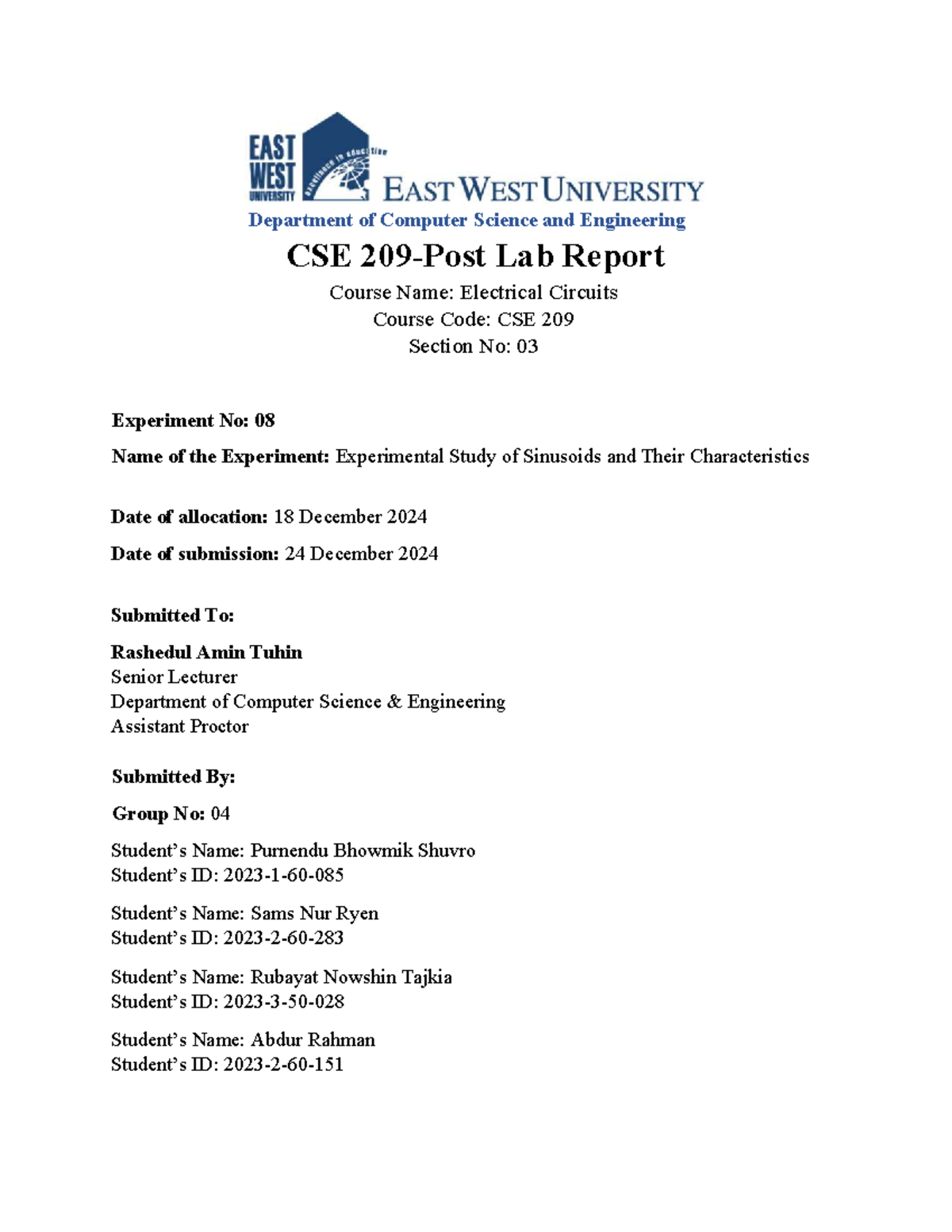CSE 209 Lab08 Report: Experimental Study of Sinusoids - Studocu