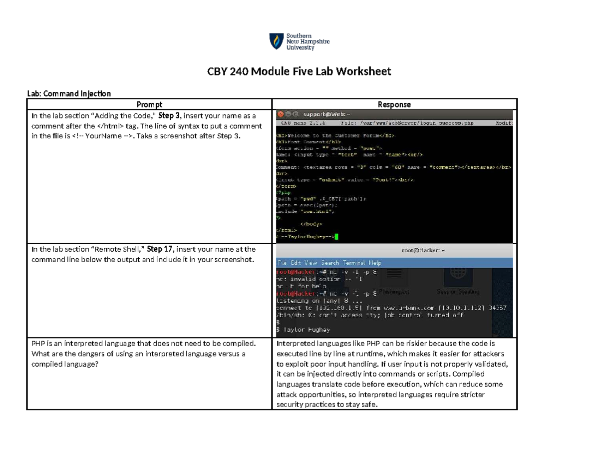 CYB 240 Module 5 Lab: Command Injection Risks and Practices - Studocu