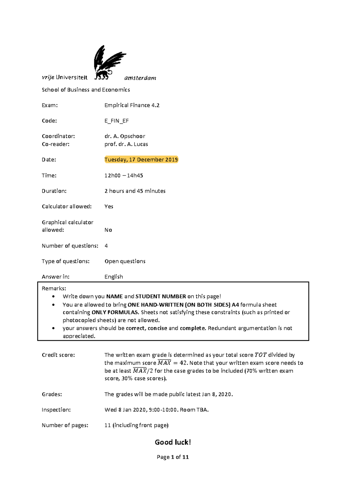E_FIN_EF 2019 - Example Exam on Empirical Finance Concepts - Studeersnel