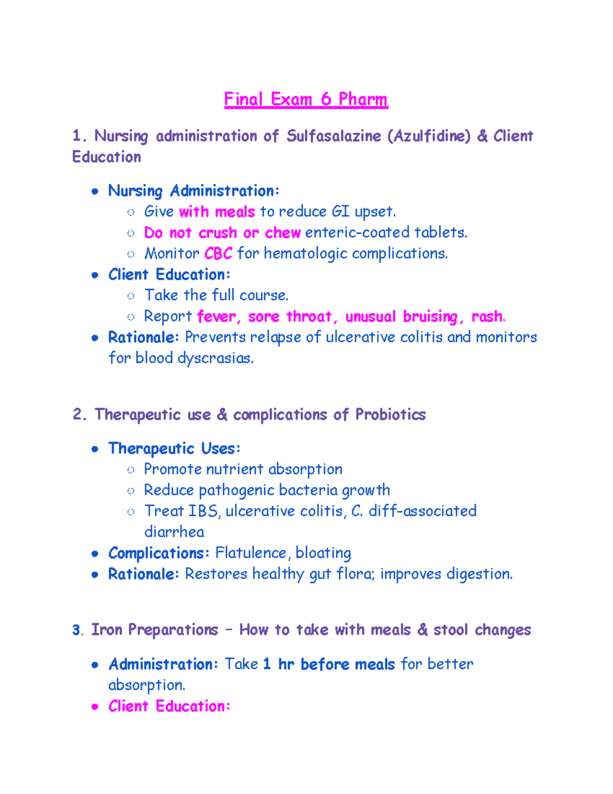 Final Exam 6 Pharm - Comprehensive Medication Administration Notes ...