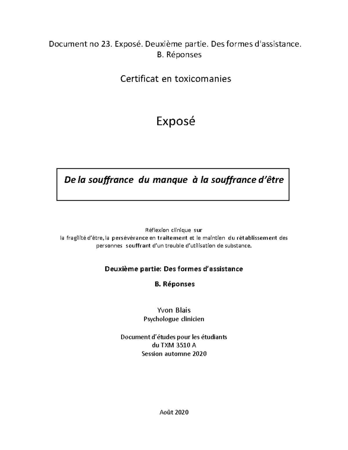 Document no 23. Exposé. Deuxième partie. Des formes dassistance. B ...