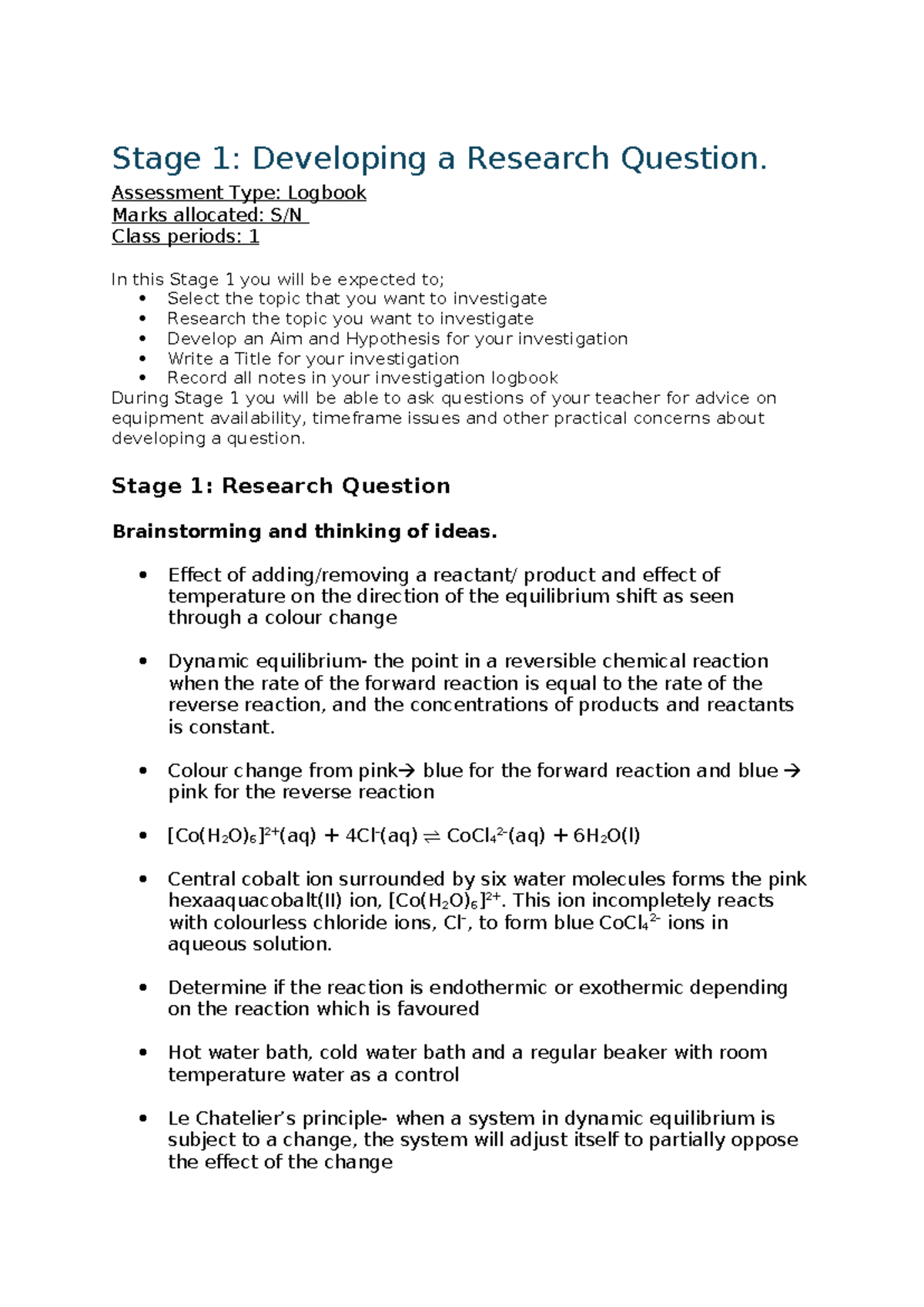 Stage 1: Research Question Development for Chem Experiment - Studocu