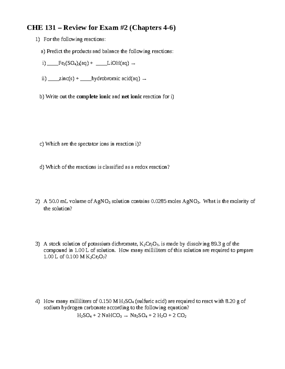 CHE131 - Exam2 Review Ch4-6 - CHE 131 – Review for Exam #2 (Chapters 4 ...