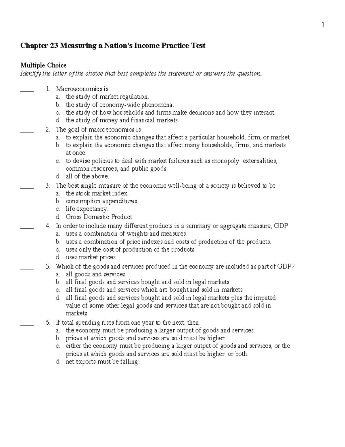 Chapter 23 Practice Test: Measuring GDP and Macroeconomics Concepts ...