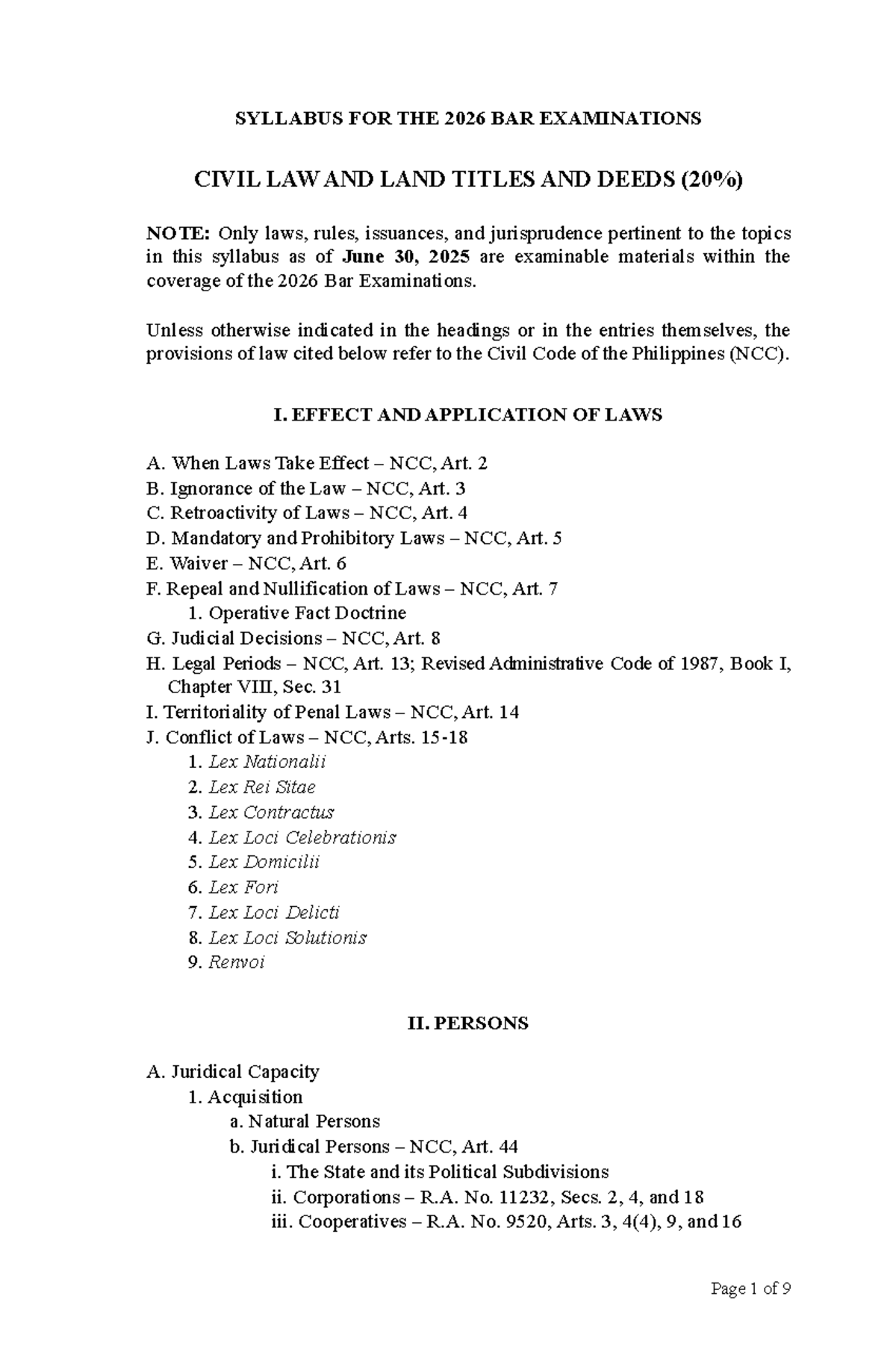 SYLLABUS FOR 2026 BAR EXAM: CIVIL LAW & LAND TITLES - Studocu