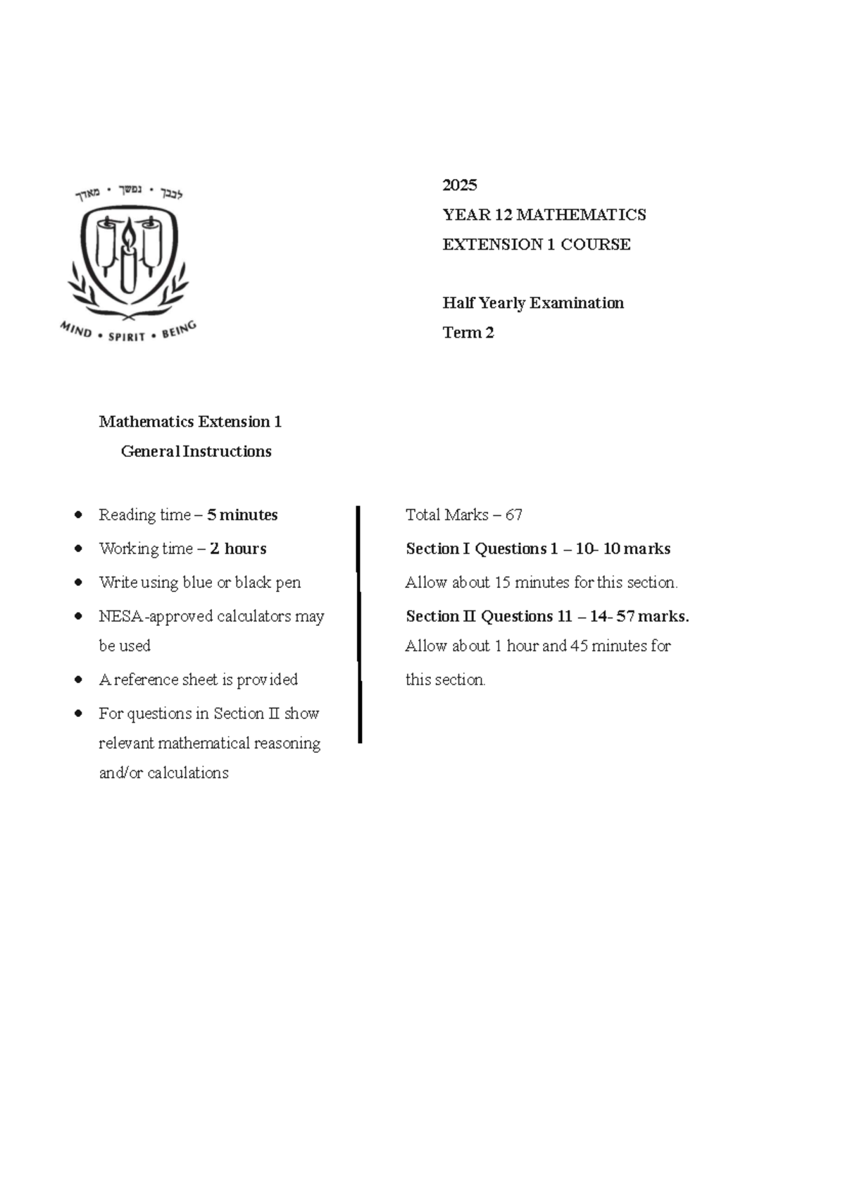2025 MATHEMATICS EXTENSION 1 Half Yearly Exam Paper - Studocu