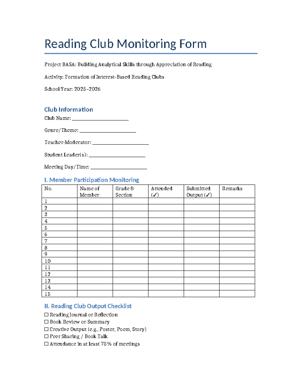 Reading Club Monitoring Form - Reading Club Monitoring Form Project ...