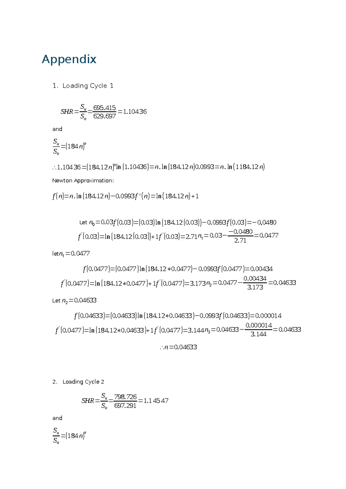 Appendix for n-Value Calculations in Loading Cycles - Studocu
